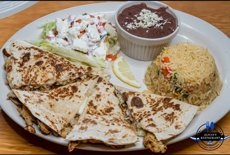 Chicken quesadilla with rice and beans